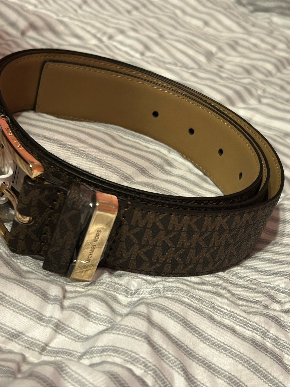 Michael Kors Dark Brown Monogram Leather Belt with Gold-Tone Buckle